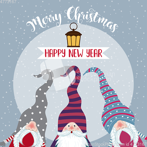 Image of Christmas card with cute gnomes and wishes. Flat design. Vector