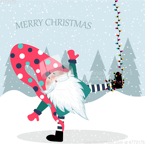 Image of Beautiful flat design Christmas card funny gnome hanging. Christ