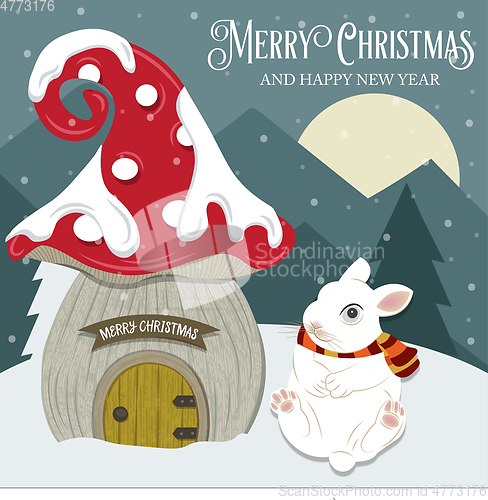 Image of Beautiful Christmas card with gome house and rabbit. Flat design