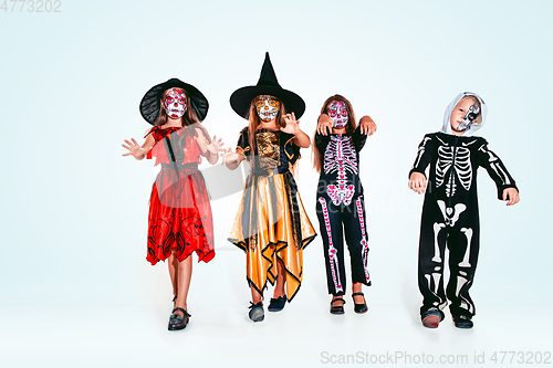 Image of Kids or teens like witches and vampires on white background