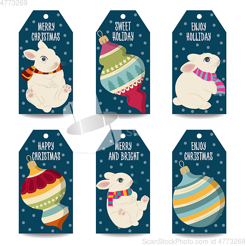 Image of Christmas labels collection with Christmas balls, and rabbits  i