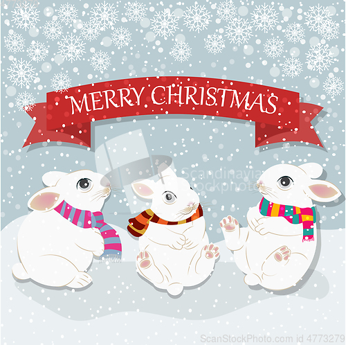 Image of Christmas card with cute rabbits. Christmas background. Flat des