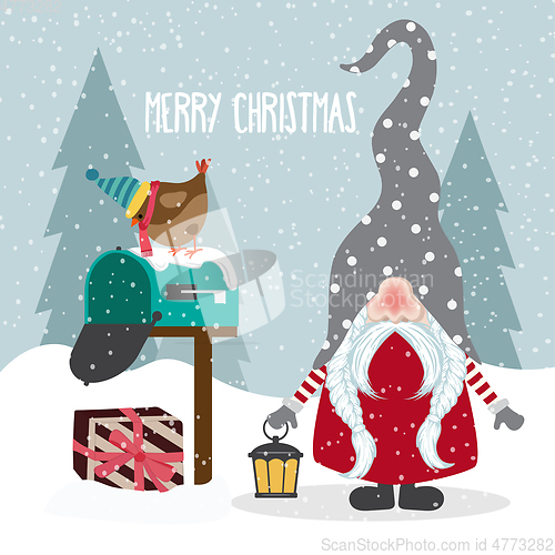 Image of Beautiful flat design Christmas card with joyful gnome. Christma