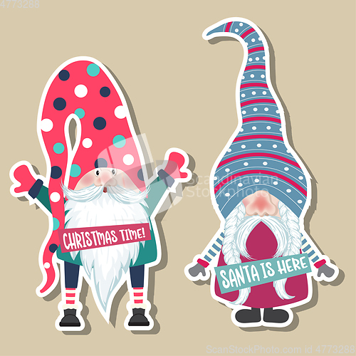 Image of Christmas stickers collection with cute gnomes. Flat design