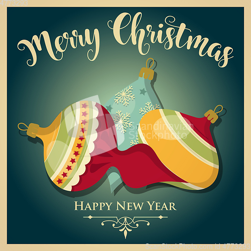 Image of Vintage  Christmas card with Christmas balls and message. Christ