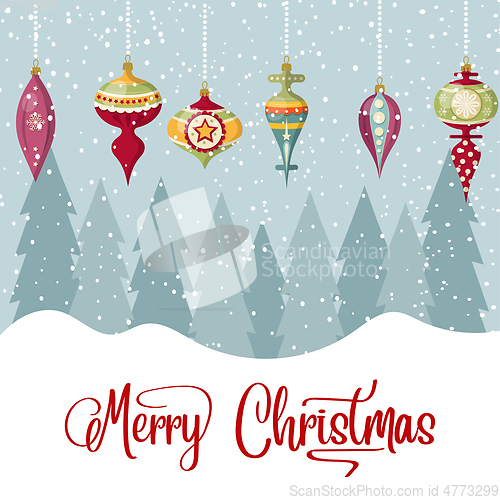 Image of Christmas card with balls and wishes. Christmas background. Flat