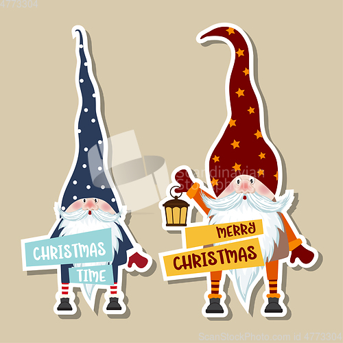 Image of Christmas stickers collection with cute gnomes and wishes. 