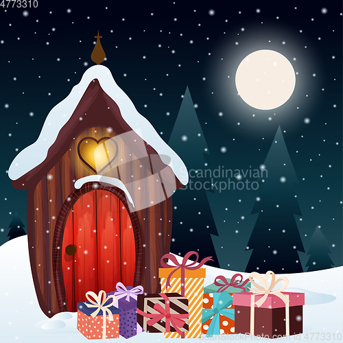 Image of Magical Christmas scene with gnome house and presents