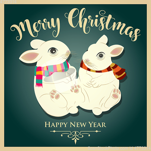 Image of Vintage  Christmas card with rabbits and message. Christmas post