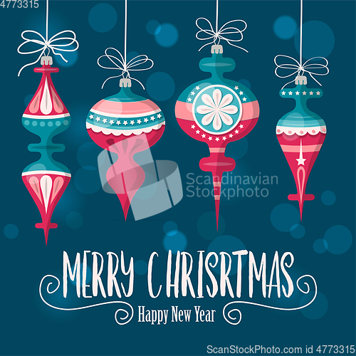 Image of Christmas card with  balls . Christmas background. Flat design. 