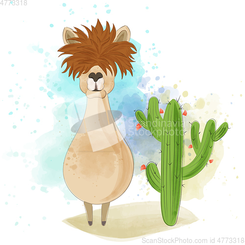 Image of Watercolor funny llama near a cactus