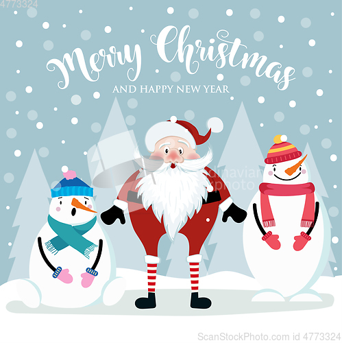 Image of Christmas card with cute Santa and snowmen. Flat design. Vector