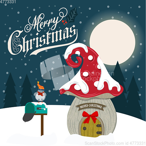 Image of Beautiful flat design Christmas card with fairy house.