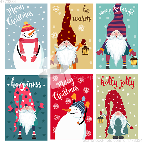 Image of Christmas card collection with snowman and gnomes. Labels. Stick