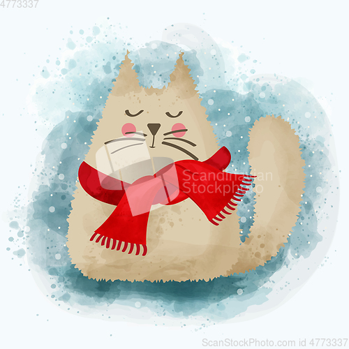 Image of Cute watercolor cat in winter. Christmas card. Vector
