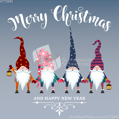 Image of Beautiful flat design Christmas card with gnomes. Christmas post