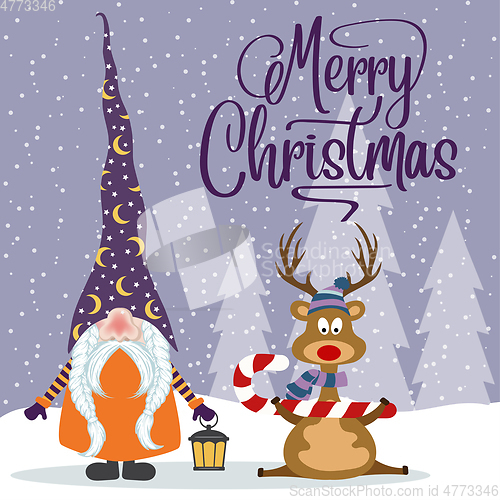 Image of Flat design Christmas card with happy gnome and reindeer. Christ