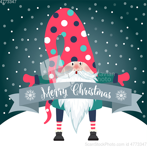 Image of Christmas card with cute gnome and wishes. Flat design. Vector