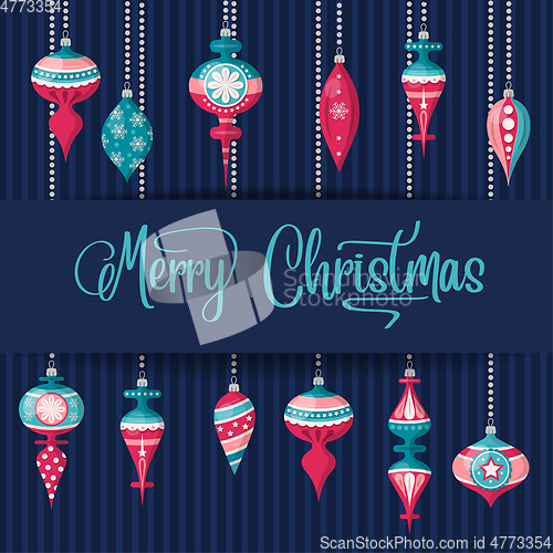 Image of Christmas card with Christamas balls and wishes. Christmas backg