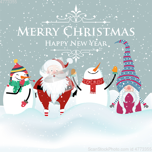 Image of Joyful flat design Christmas card with snowman , Santa and gnome