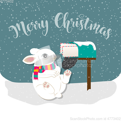 Image of Christmas card with rabbit, Christmas background. Flat design.