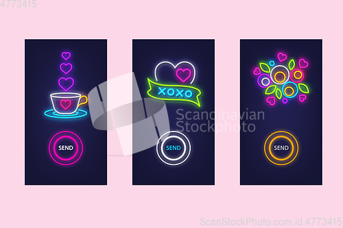 Image of Love mobile app set with neon glow icons. Virtual love. UI desig