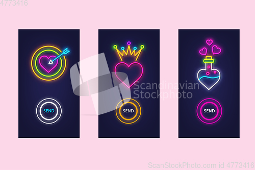 Image of Love mobile app set with neon glow icons. Virtual love. UI desig