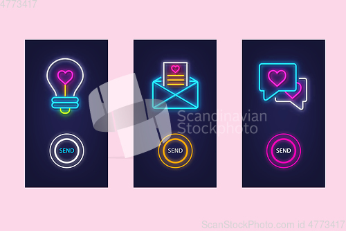 Image of Love mobile app set with neon glow icons. Virtual love. UI desig