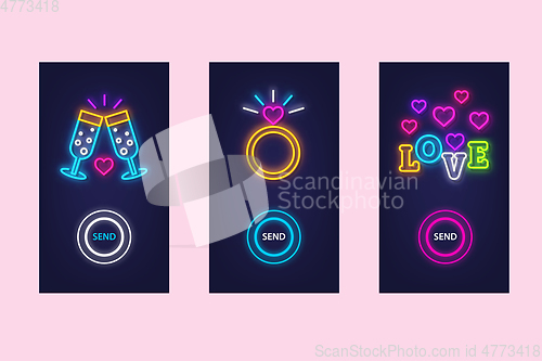 Image of Love mobile app set with neon glow icons. Virtual love. UI desig