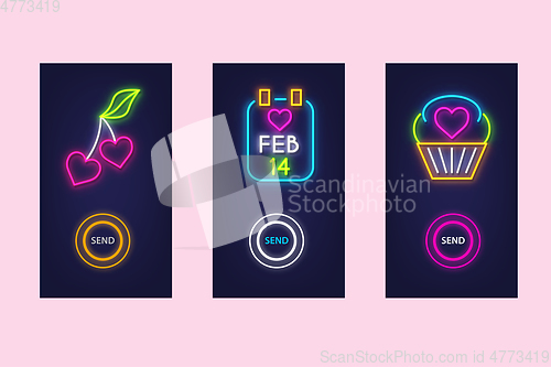 Image of Love mobile app set with neon glow icons. Virtual love. UI desig