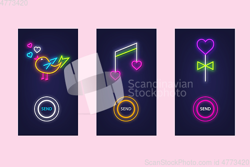 Image of Love mobile app set with neon glow icons. Virtual love. UI desig