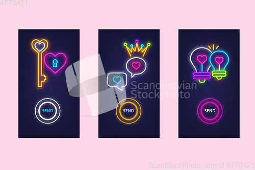 Image of Love mobile app set with neon glow icons. Virtual love. UI desig