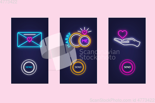 Image of Love mobile app set with neon glow icons. Virtual love. UI desig