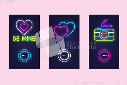 Image of Love mobile app set with neon glow icons. Virtual love. UI desig