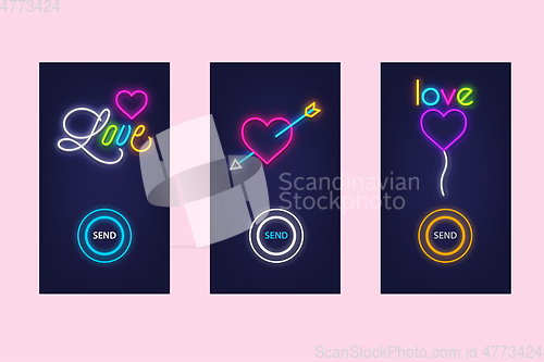 Image of Love mobile app set with neon glow icons. Virtual love. UI desig