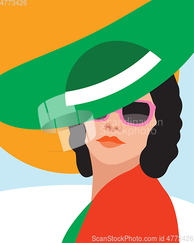 Image of Fashion woman with hat . Art portrait.  Flat design.