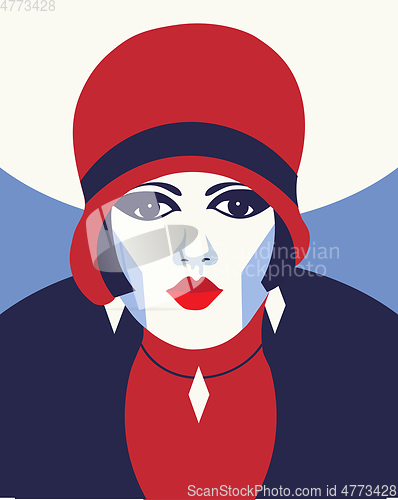 Image of Fashion woman with hat. Portrait art deco style. Flat design.