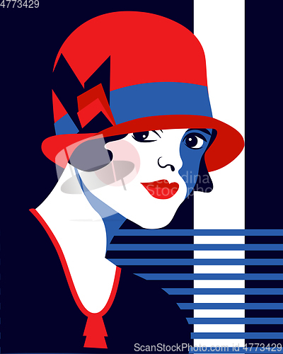 Image of Fashion woman with hat. Portrait art deco style. Flat design.