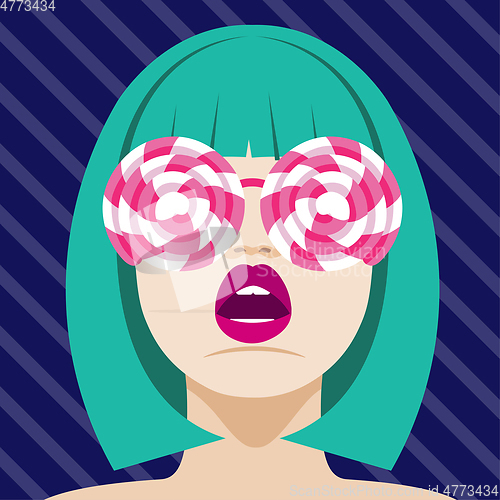 Image of Fashion woman with lollipops sunglasses . Art portrait.  Flat de