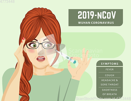 Image of woman with fever. Coronavirus disease, Covid-19. Vector