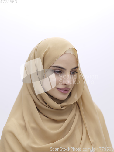 Image of Portrait of young muslim woman wearing hijab