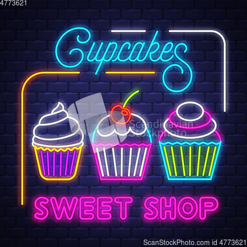 Image of Cupcakes Shop- Neon Sign Vector. Cupcakes Shop - neon sign on br