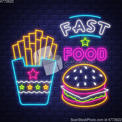 Image of Fast Food - Neon Sign Vector. Fast Food - neon sign on brick wal