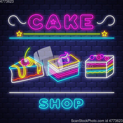 Image of Cake Shop - Neon Sign Vector. Cake Shop - neon sign on brick wal