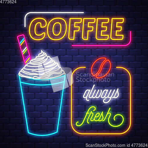 Image of Coffee- Neon Sign Vector. Coffee- neon sign on brick wall backgr