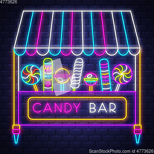Image of Candy bar - Neon Sign Vector. Candy bar - neon sign on brick wal