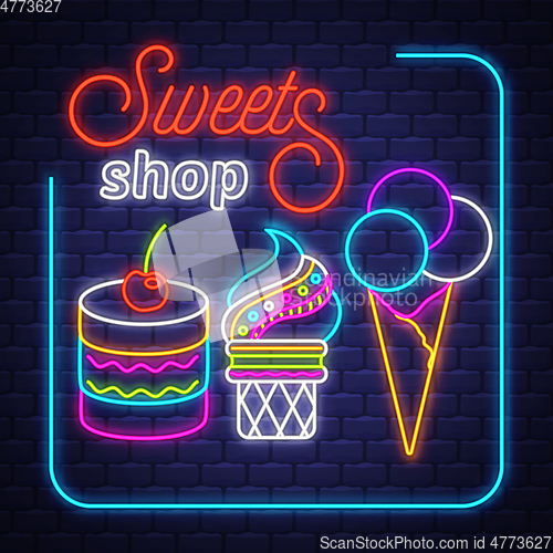 Image of Sweets Shop- Neon Sign Vector. Sweets Shop - neon sign on brick 