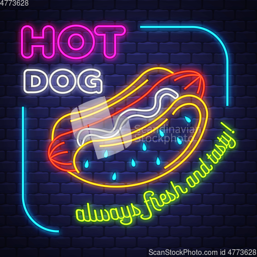 Image of Hot Dog - Neon Sign Vector. Hot Dog - neon sign on brick wall ba