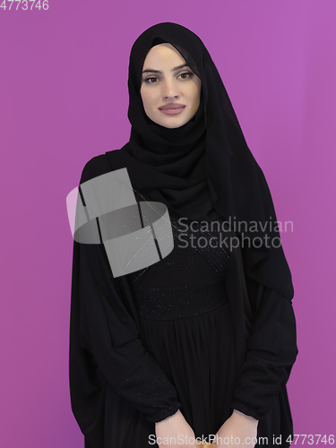 Image of Portrait of young muslim woman wearing hijab
