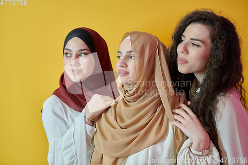 Image of Young muslim women posing on yellow background